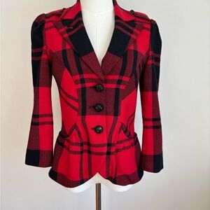 Designer Diane Von Furstenberg Red & Black Plaid Tailored Women's Blazer Jacket